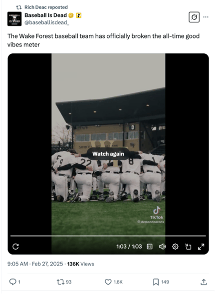 Tweet from Wake Forest baseball team, showing human connection.